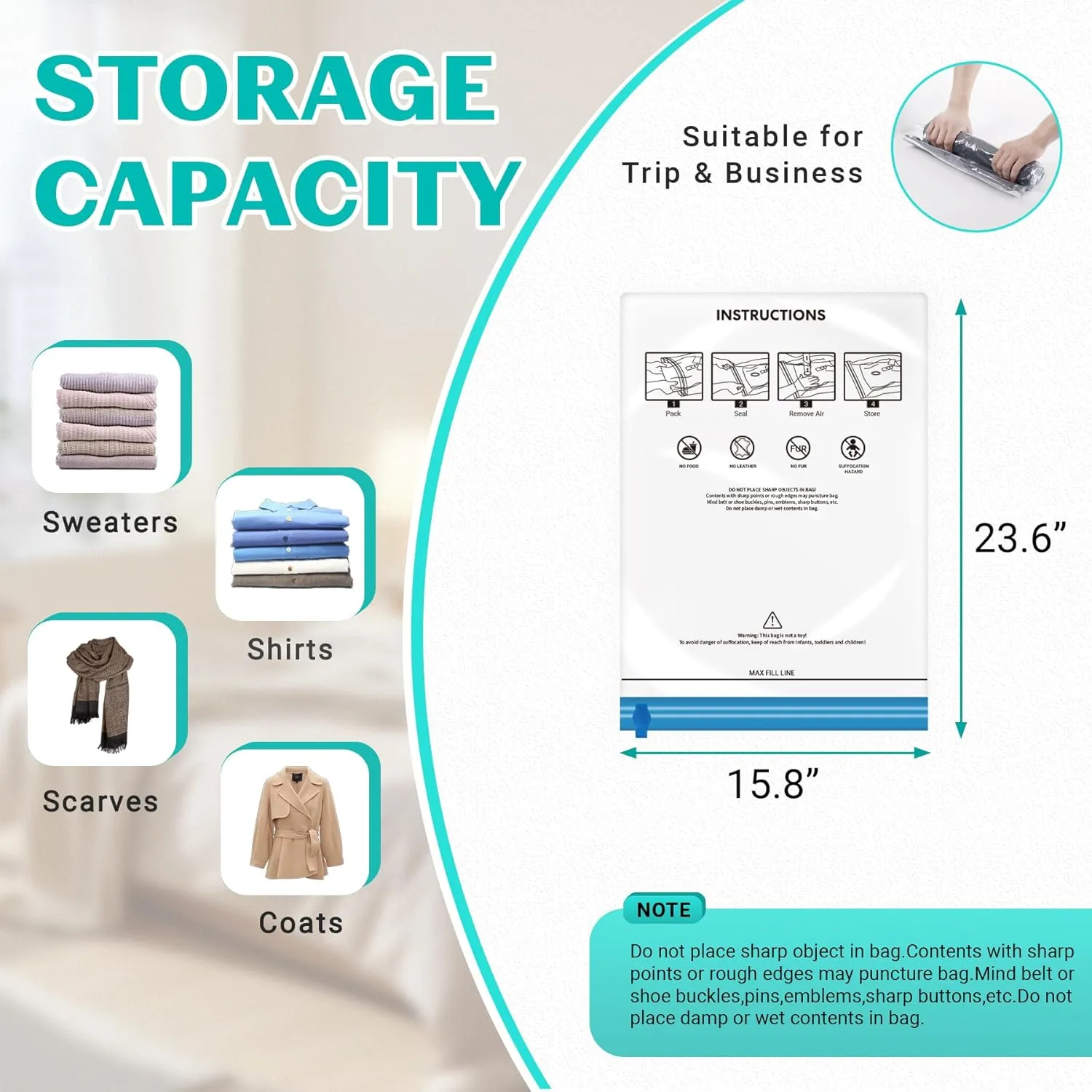 10 Pack Space Saver Vacuum Storage Bags Travel Vacuum Bags for Luggage Clothing Compression Bags for Travel Essentials No Vacuum or Pump Needed