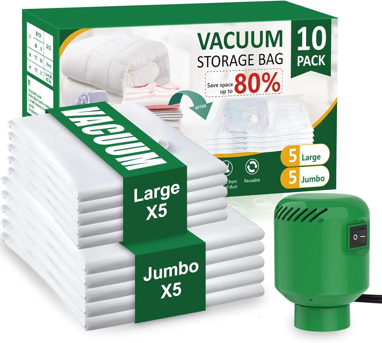 10 Pack Vacuum Storage Bags (5 Jumbo/5 Large) with Electric Pump, Reusable Compression Space Saver Bags for Autumn And Winter clothing, Mattress, Bedding, Quilts and Pillows, Comforters, Travel, White