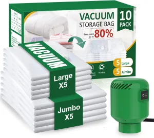 10 Pack Vacuum Storage Bags (5 Jumbo/5 Large) with Electric Pump, Reusable Compression Space Saver Bags for Autumn And Winter clothing, Mattress, Bedding, Quilts and Pillows, Comforters, Travel, White