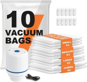 10 Pack Vacuum Storage Bags with Electric Air Pump, Vacuum Sealed Storage Bags (2Jumbo/2Large/3Medium/3Small), Space Saver Bag for Clothes, Blanket, Duvets, Pillows, Mattress,Comforters, Travel