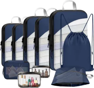 10 Set Compression Packing Cubes, Lightweight Travel Essentials, Stretchable Expandable Storage Bags, Compression Bags for Travel Accessories Luggage Storage Set (10 Pcs, Navy Blue)