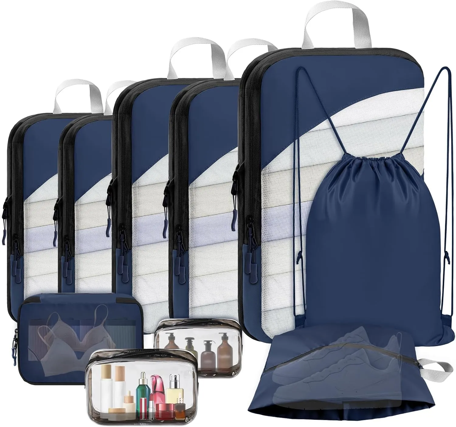 10 Set Compression Packing Cubes, Lightweight Travel Essentials, Stretchable Expandable Storage Bags, Compression Bags for Travel Accessories Luggage Storage Set (10 Pcs, Navy Blue)