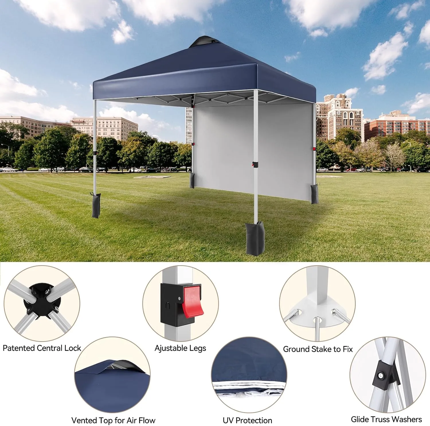 10x10 Ft Pop Up Canopy Tent with 1 Sidewall, Instant Portable Shelter with Vented Roof and Wheeled Carry Bag, Outdoor Sun Shade for Beach, Camping, Patio, Bonus 4 Canopy Sand Bags, Navy Blue
