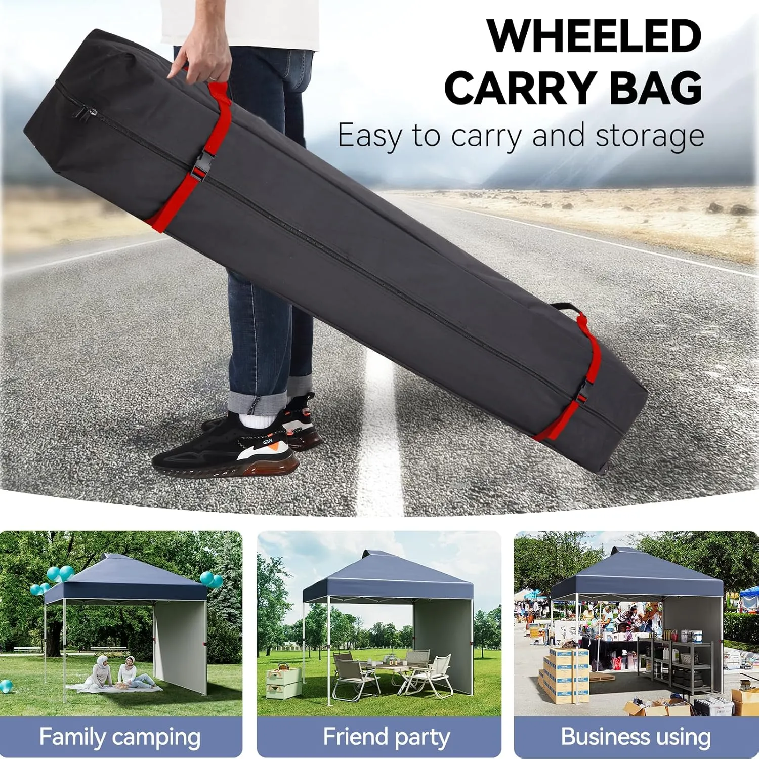 10x10 Ft Pop Up Canopy Tent with 1 Sidewall, Instant Portable Shelter with Vented Roof and Wheeled Carry Bag, Outdoor Sun Shade for Beach, Camping, Patio, Bonus 4 Canopy Sand Bags, Navy Blue