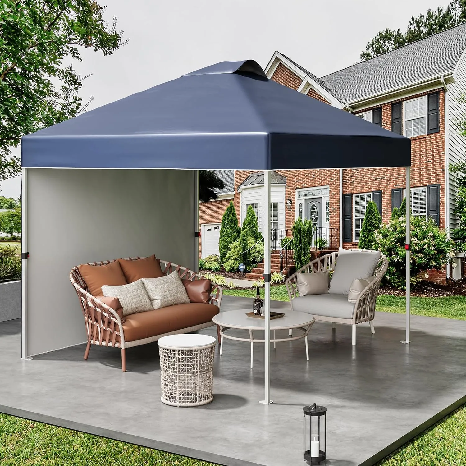 10x10 Ft Pop Up Canopy Tent with 1 Sidewall, Instant Portable Shelter with Vented Roof and Wheeled Carry Bag, Outdoor Sun Shade for Beach, Camping, Patio, Bonus 4 Canopy Sand Bags, Navy Blue