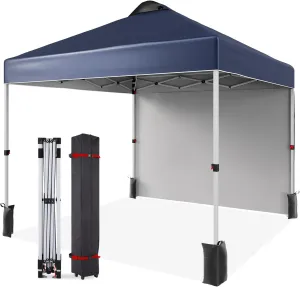10x10 Ft Pop Up Canopy Tent with 1 Sidewall, Instant Portable Shelter with Vented Roof and Wheeled Carry Bag, Outdoor Sun Shade for Beach, Camping, Patio, Bonus 4 Canopy Sand Bags, Navy Blue