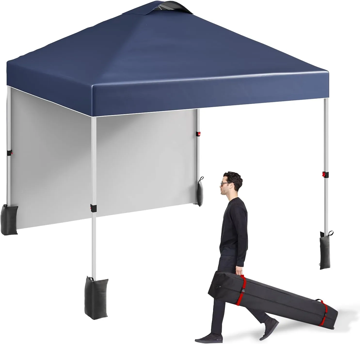 10x10 Ft Pop Up Canopy Tent with 1 Sidewall, Instant Portable Shelter with Vented Roof and Wheeled Carry Bag, Outdoor Sun Shade for Beach, Camping, Patio, Bonus 4 Canopy Sand Bags, Navy Blue
