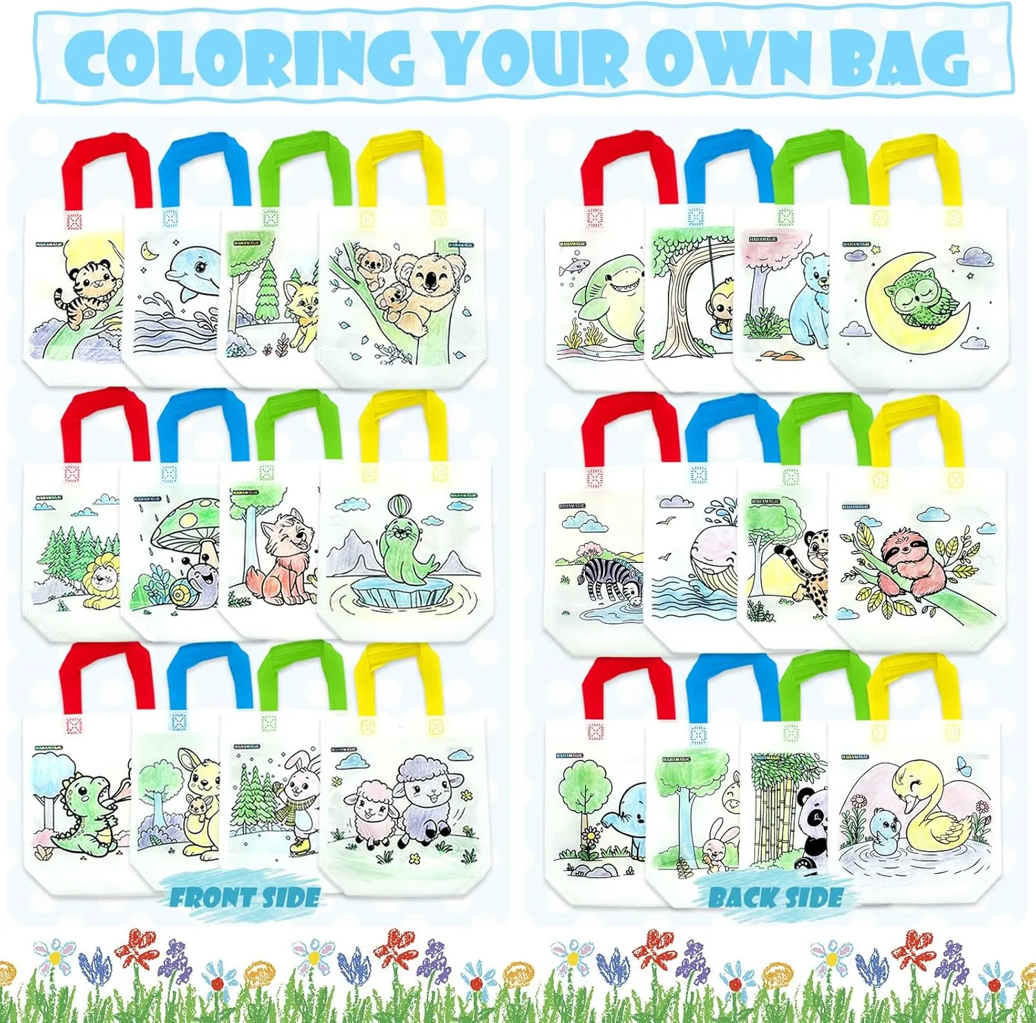 12 Coloring Goodie Bags with 12 Crayons(7-in-1), Reusable Art Party Favors for Kids Classroom, Birthday party, Craft Supplies, Mini Tote Bags and Goodie bags stuffers for kids