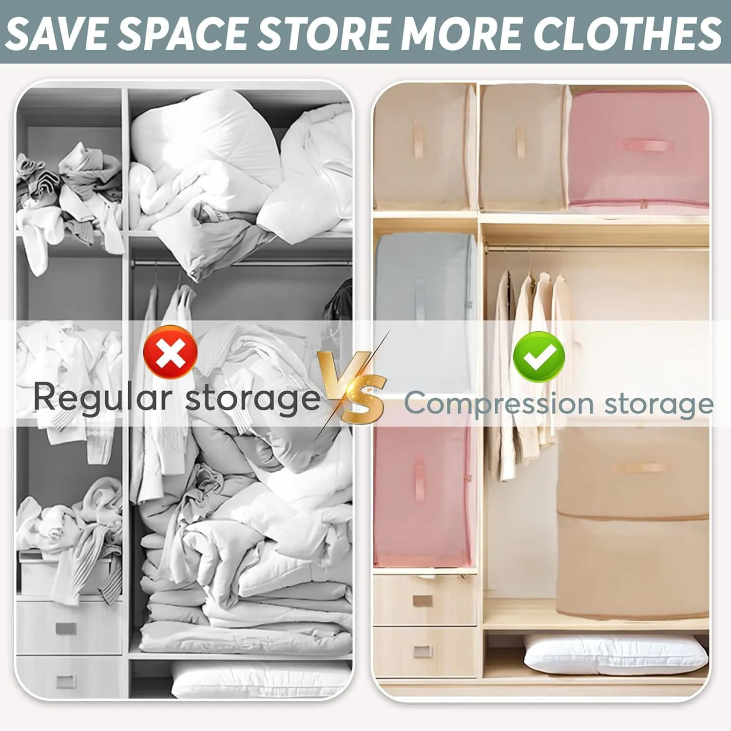 2 Pcs Ultra Space Saving Self Compression Organizer, Comforter Storage Bag, Moving Bag for Comforters, Clothes, Blankets, Bedding, College (54×42×60cm, Gray)