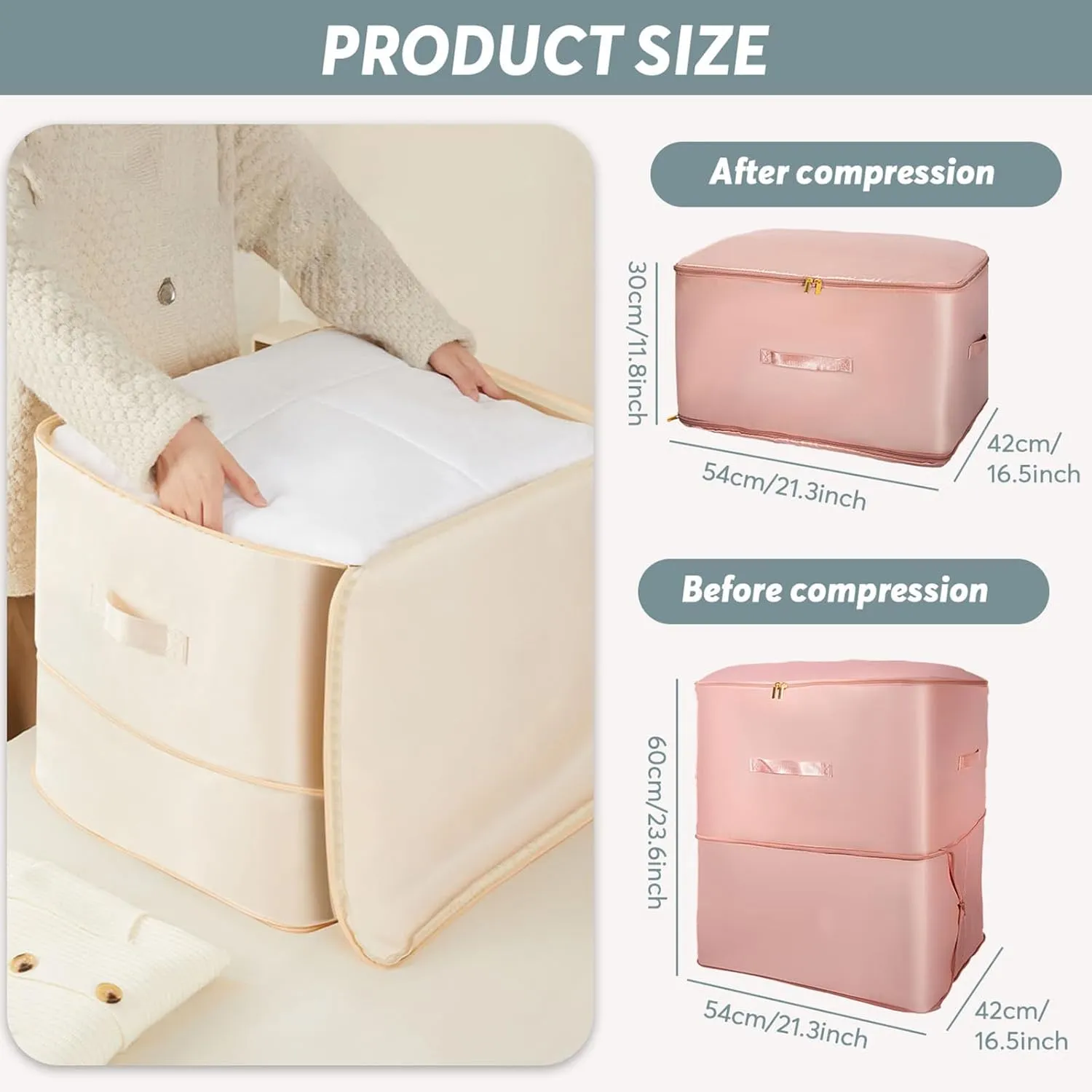 2 Pcs Ultra Space Saving Self Compression Organizer, Comforter Storage Bag, Moving Bag for Comforters, Clothes, Blankets, Bedding, College (54×42×60cm, Gray)
