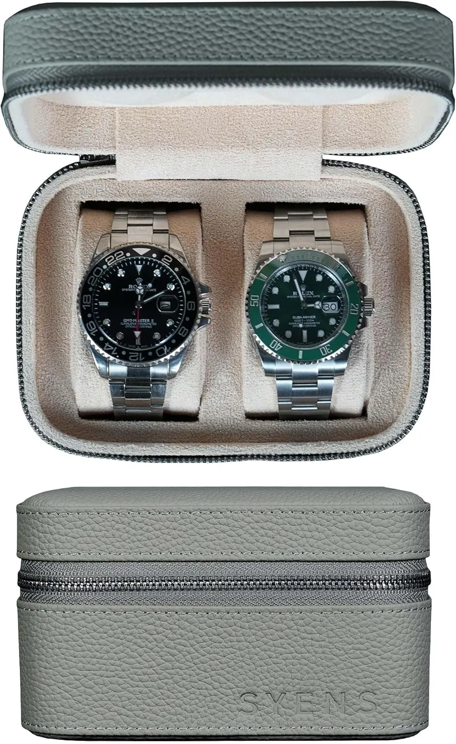 2 Watch Travel box Real Top-grain Leather Two Watch Roll Case for Man and Women Watch Packing Box Storage Organizer with Suede to Protection Zipper Fit All Watches Up to 60mm (2W-Z-GYL)