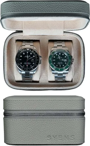 2 Watch Travel box Real Top-grain Leather Two Watch Roll Case for Man and Women Watch Packing Box Storage Organizer with Suede to Protection Zipper Fit All Watches Up to 60mm (2W-Z-GYL)