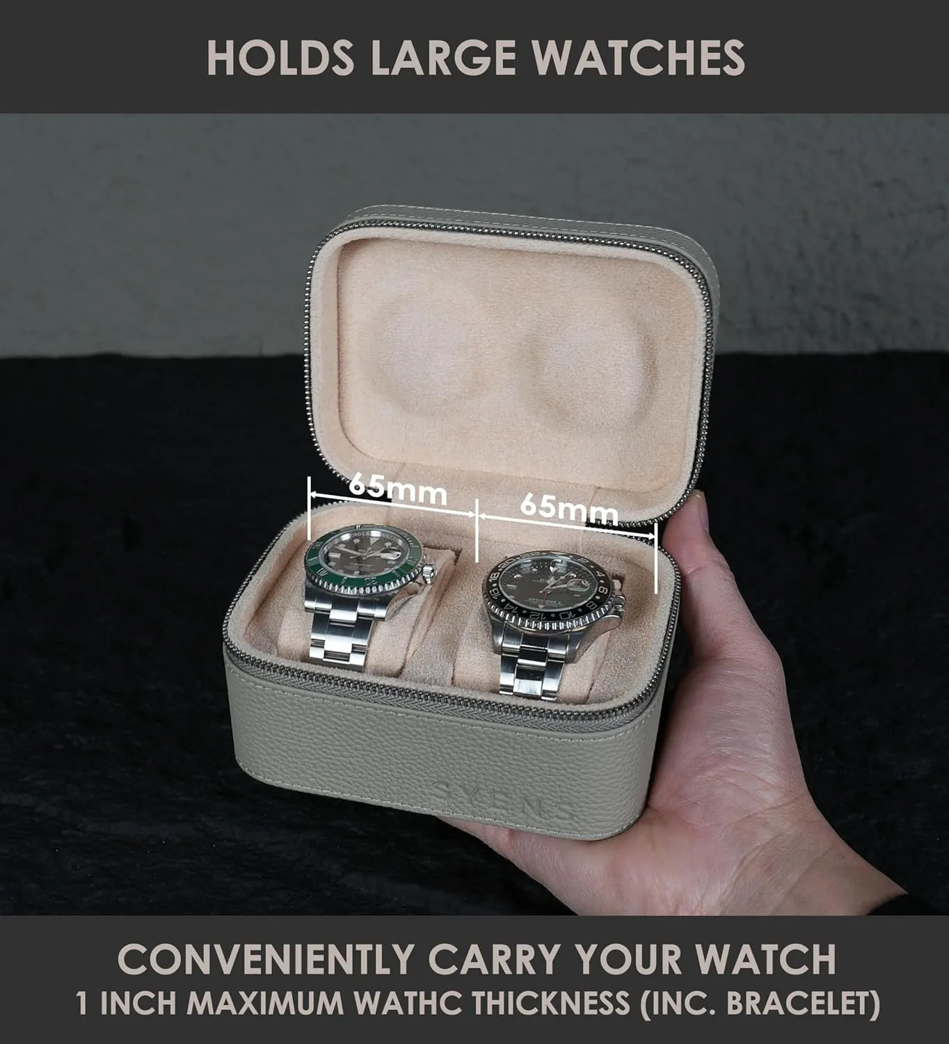 2 Watch Travel box Real Top-grain Leather Two Watch Roll Case for Man and Women Watch Packing Box Storage Organizer with Suede to Protection Zipper Fit All Watches Up to 60mm (2W-Z-GYL)