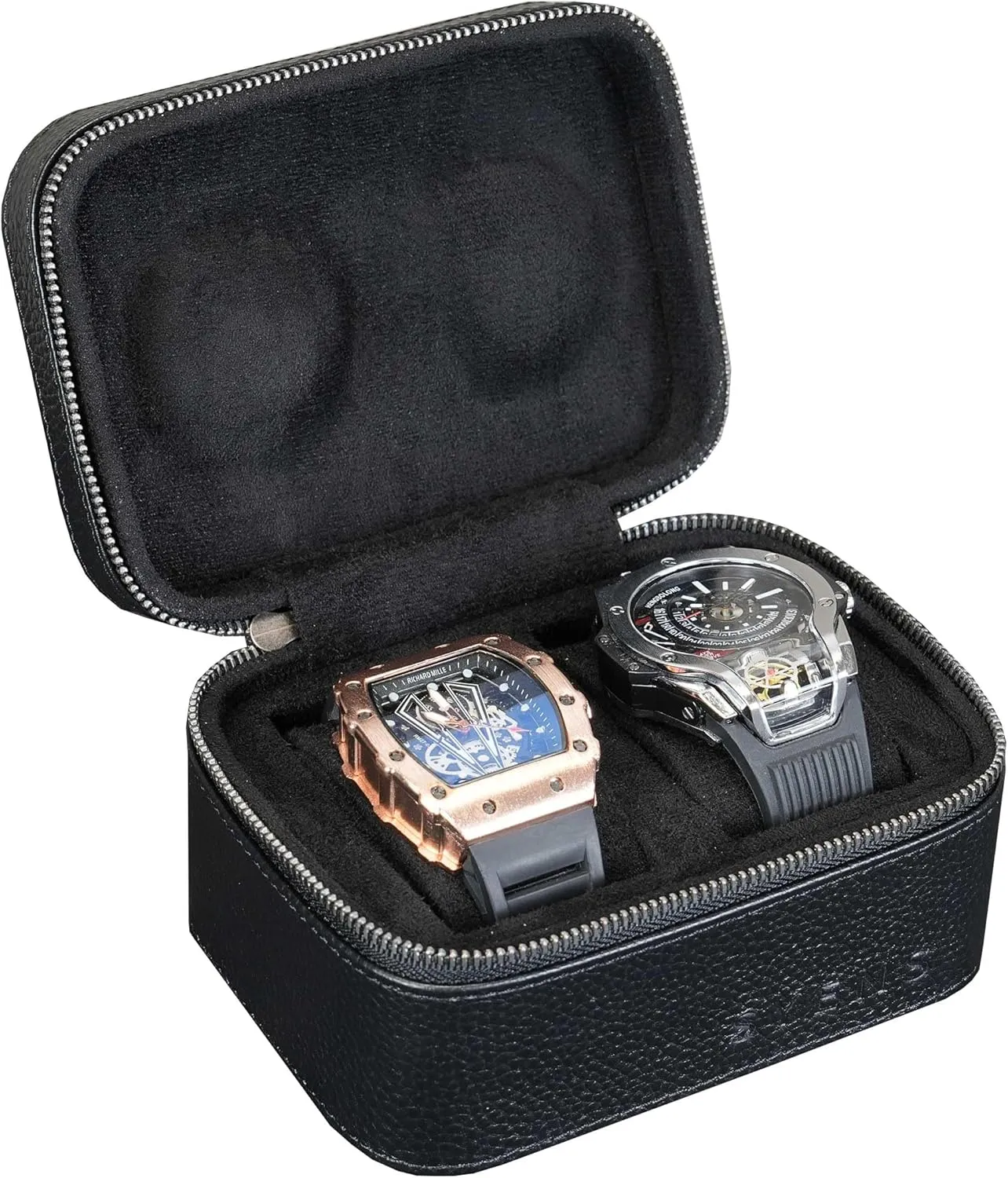 2 Watch Travel box Real Top-grain Leather Two Watch Roll Case for Man and Women Watches Packing Box Storage Organizer with Black Suede to Protection Zipper Fit All Watches Up to 60mm (2W-Z-BB)