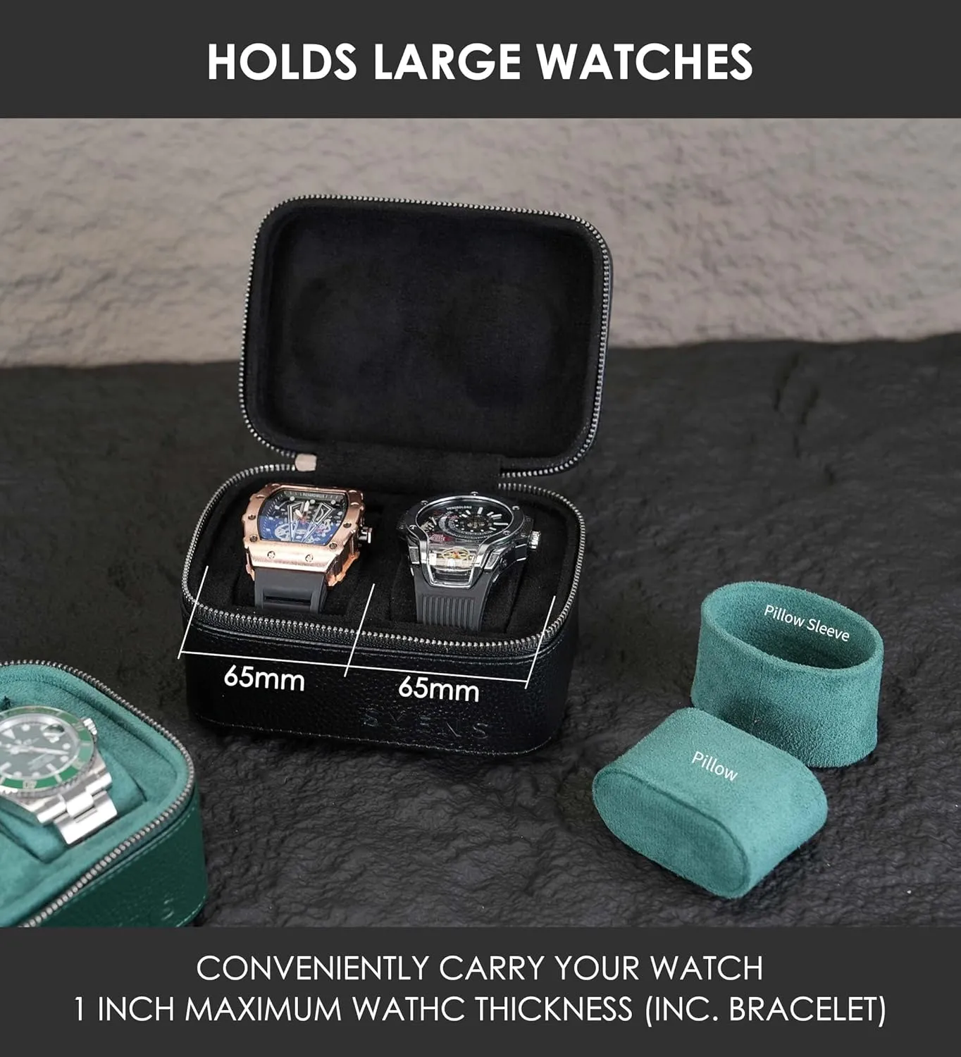 2 Watch Travel box Real Top-grain Leather Two Watch Roll Case for Man and Women Watches Packing Box Storage Organizer with Black Suede to Protection Zipper Fit All Watches Up to 60mm (2W-Z-BB)