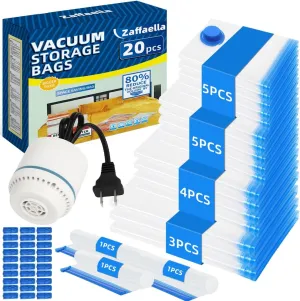 20 Pack Vacuum Storage Bags with Electric Pump (3 Jumbo, 4 Large, 5 Medium, 5 Small, 3 Roll Up Bags), Space Saver Bag for Clothes, Duvets, Pillows, Mattress, Blanket, Comforters,Travel