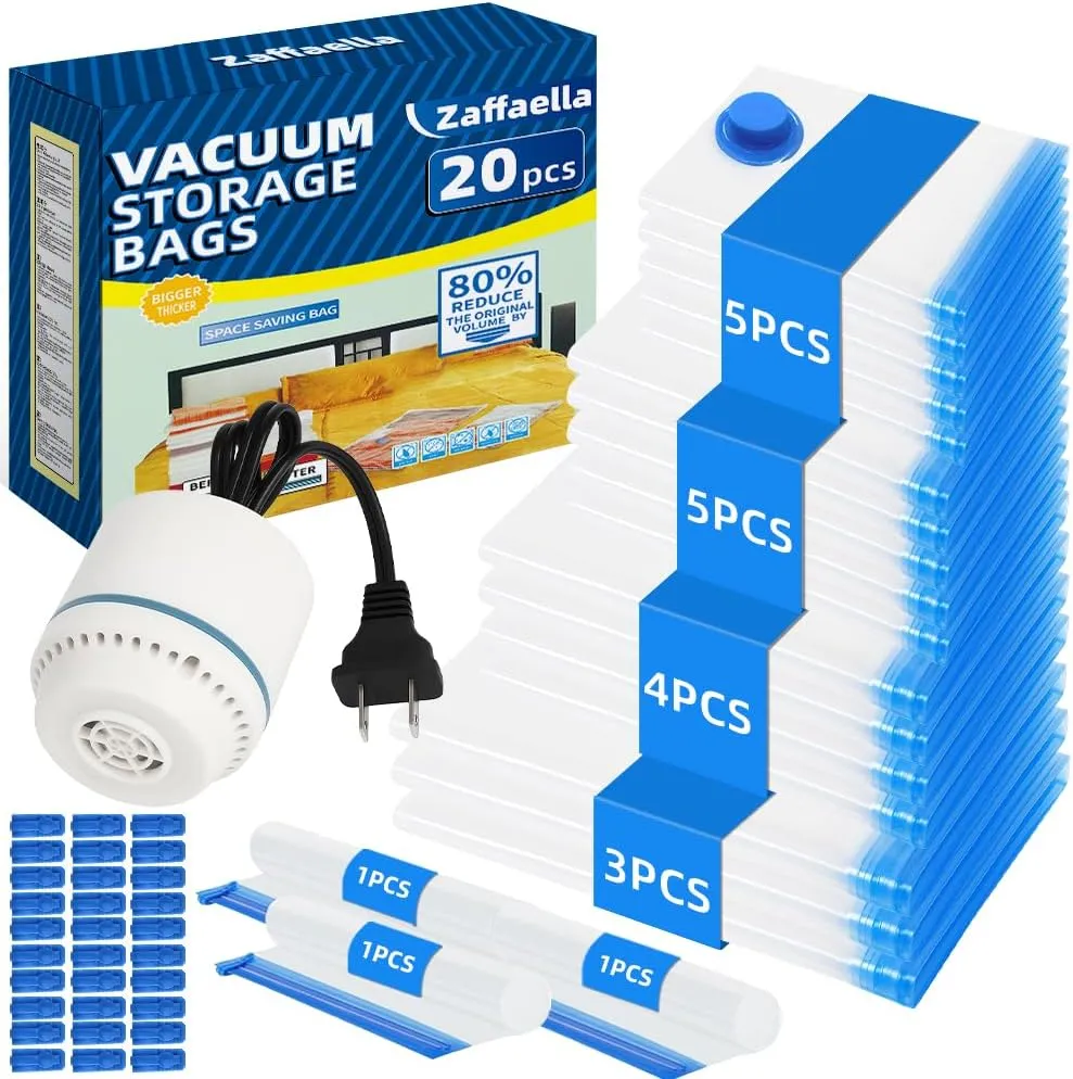 20 Pack Vacuum Storage Bags with Electric Pump (3 Jumbo, 4 Large, 5 Medium, 5 Small, 3 Roll Up Bags), Space Saver Bag for Clothes, Duvets, Pillows, Mattress, Blanket, Comforters,Travel
