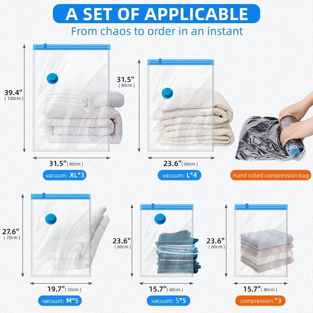 20 Pack Vacuum Storage Bags with Electric Pump (3 Jumbo, 4 Large, 5 Medium, 5 Small, 3 Roll Up Bags), Space Saver Bag for Clothes, Duvets, Pillows, Mattress, Blanket, Comforters,Travel