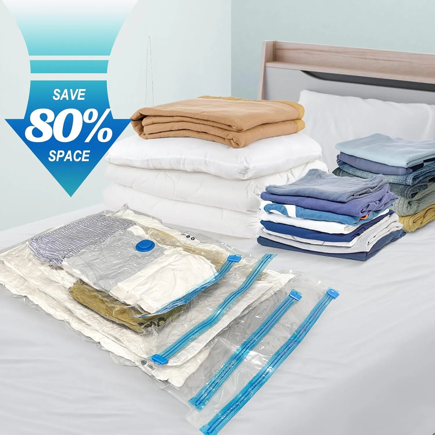 20 Pack Vacuum Storage Bags with Hand Pump, 4 Jumbo   4 Large   4 Medium   8 Small Plastic Packaging Bags, 80% Space Saver Vacuum Seal Bags for Clothing, Travel Lugggage, Blankets, Comforters