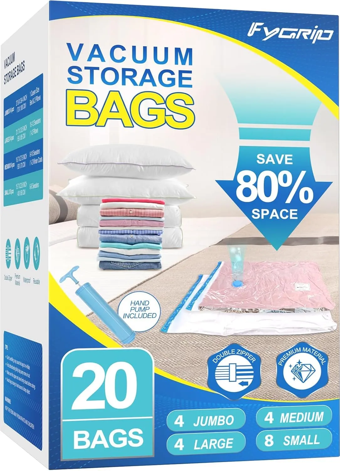 20 Pack Vacuum Storage Bags with Hand Pump, 4 Jumbo   4 Large   4 Medium   8 Small Plastic Packaging Bags, 80% Space Saver Vacuum Seal Bags for Clothing, Travel Lugggage, Blankets, Comforters