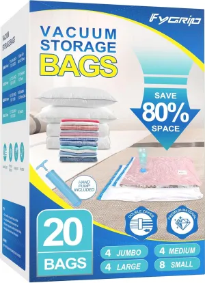 20 Pack Vacuum Storage Bags with Hand Pump, 4 Jumbo   4 Large   4 Medium   8 Small Plastic Packaging Bags, 80% Space Saver Vacuum Seal Bags for Clothing, Travel Lugggage, Blankets, Comforters