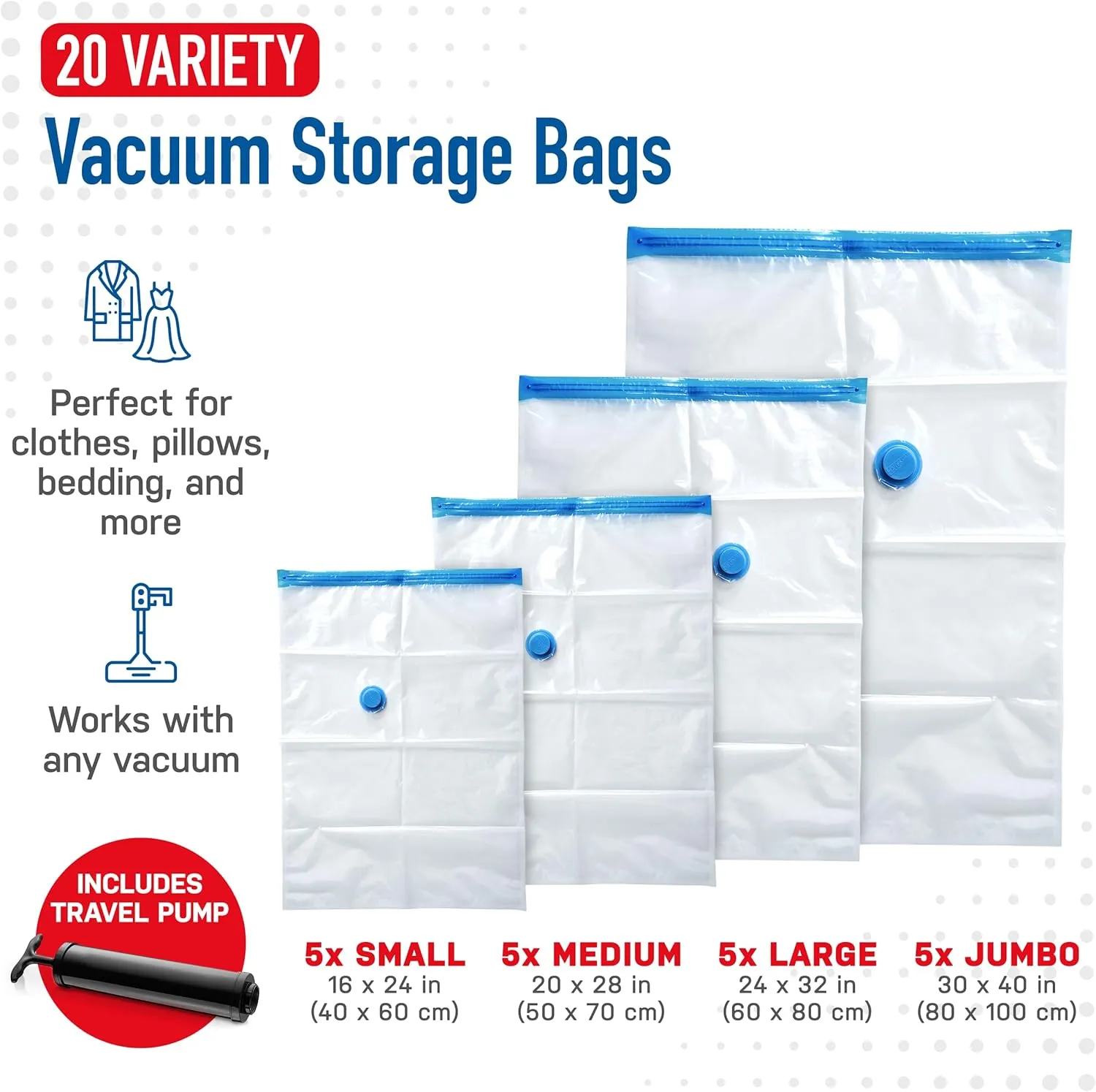 20-Pack Variety Vacuum Storage Bags for Comforters, Blankets & Clothes – Vacuum Sealed Compression Bags with Hand Pump – Space Saver Storage Bags for Bedding,Travel & Organization (5S, 5M, 5L & 5XL)