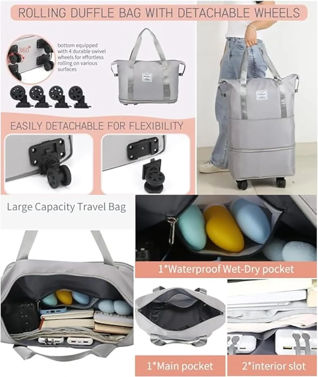 2025 Beente Travel Bag with Wheels, Large Capacity with Removable Universal Wheels Tote Luggage for Easy Travel (Light Purple)