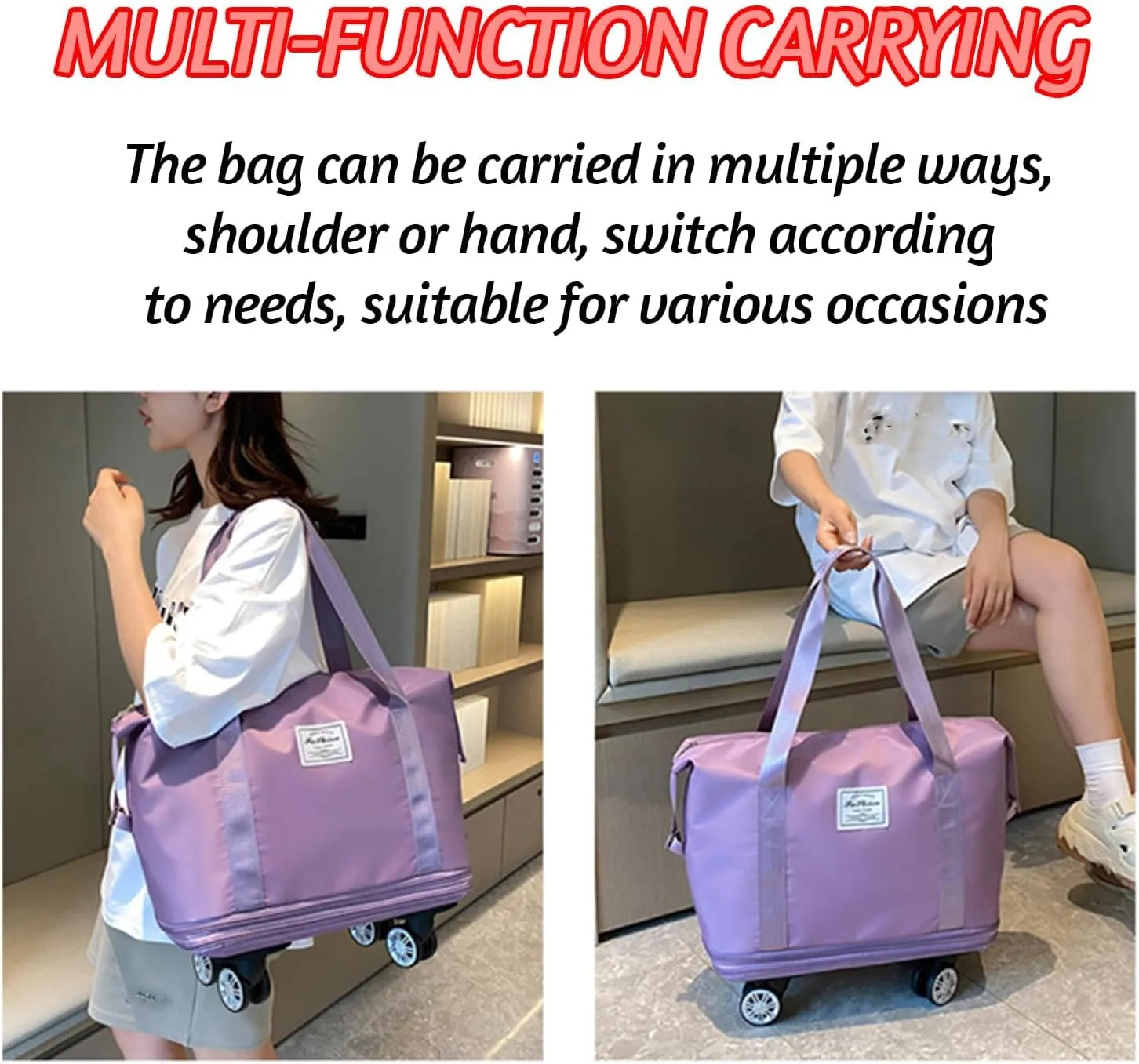 2025 new large capacity travel bag - universal wheel removable, Expandable Foldable Duffle Bag,Large Capacity Wide-Open, Dry and Wet Separation (light pink)