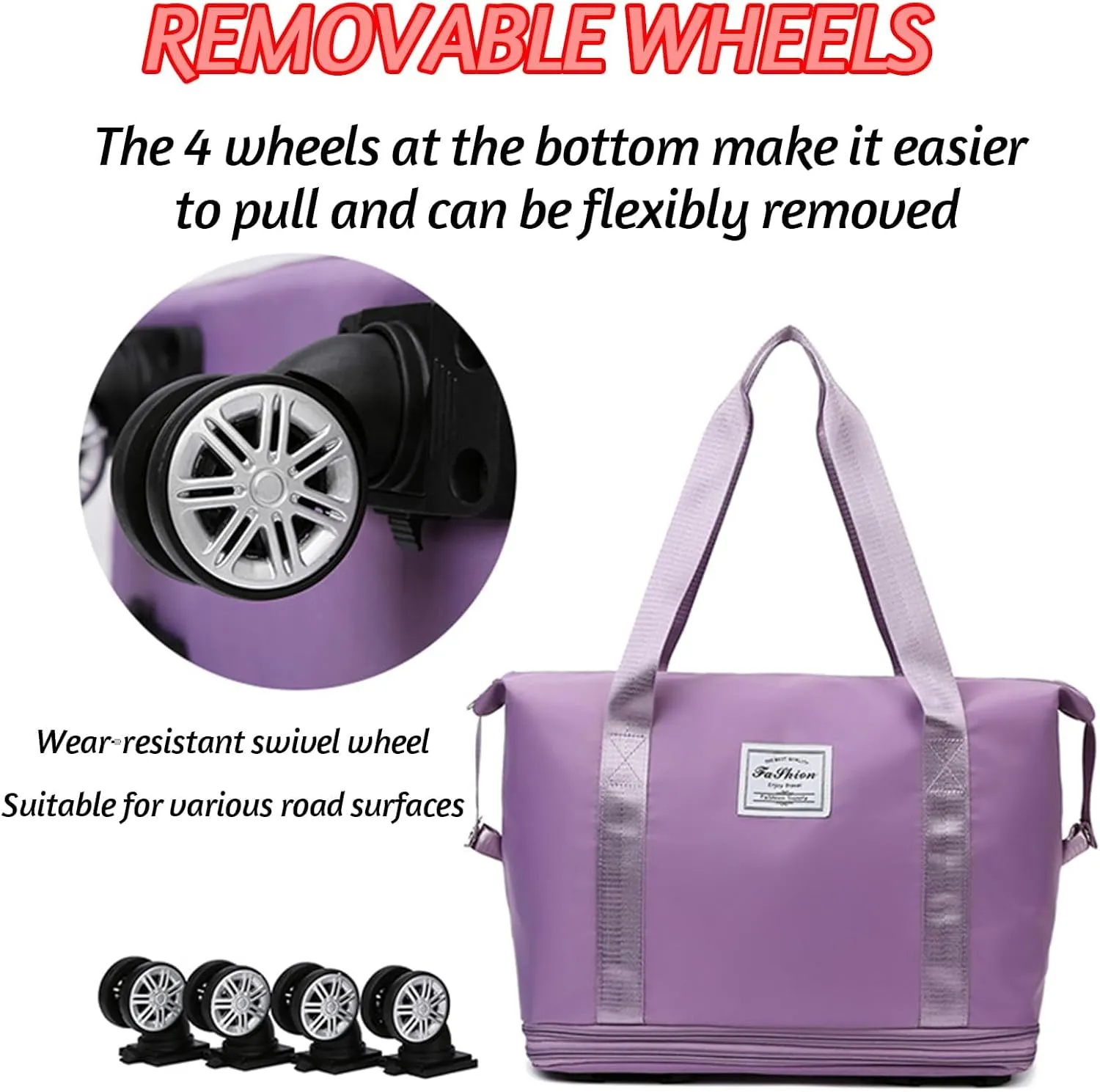 2025 new large capacity travel bag - universal wheel removable, Expandable Foldable Duffle Bag,Large Capacity Wide-Open, Dry and Wet Separation (light pink)