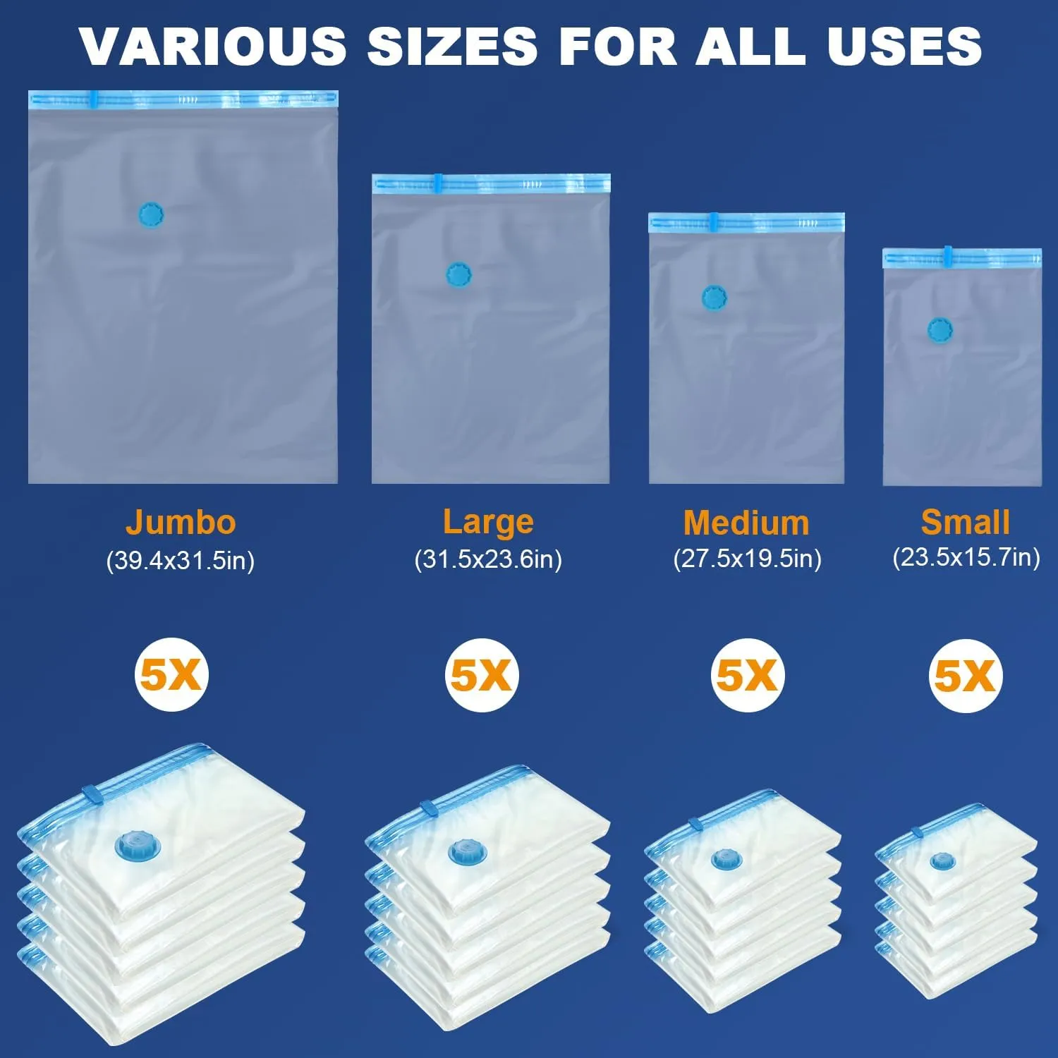 20Pack Vacuum Storage Bags, 5 Jumbo/5 Large/5 Medium/5 Small Vacuum Seal Bags for Clothing, Compression Space Saver for Comforters, Duvet, Blankets, Coverlet, Quilt