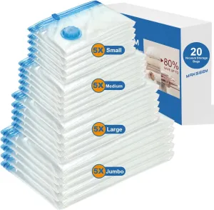 20Pack Vacuum Storage Bags, 5 Jumbo/5 Large/5 Medium/5 Small Vacuum Seal Bags for Clothing, Compression Space Saver for Comforters, Duvet, Blankets, Coverlet, Quilt