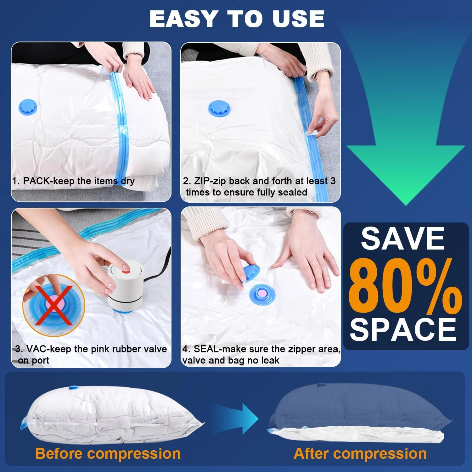 20Pack Vacuum Storage Bags, 5 Jumbo/5 Large/5 Medium/5 Small Vacuum Seal Bags for Clothing, Compression Space Saver for Comforters, Duvet, Blankets, Coverlet, Quilt