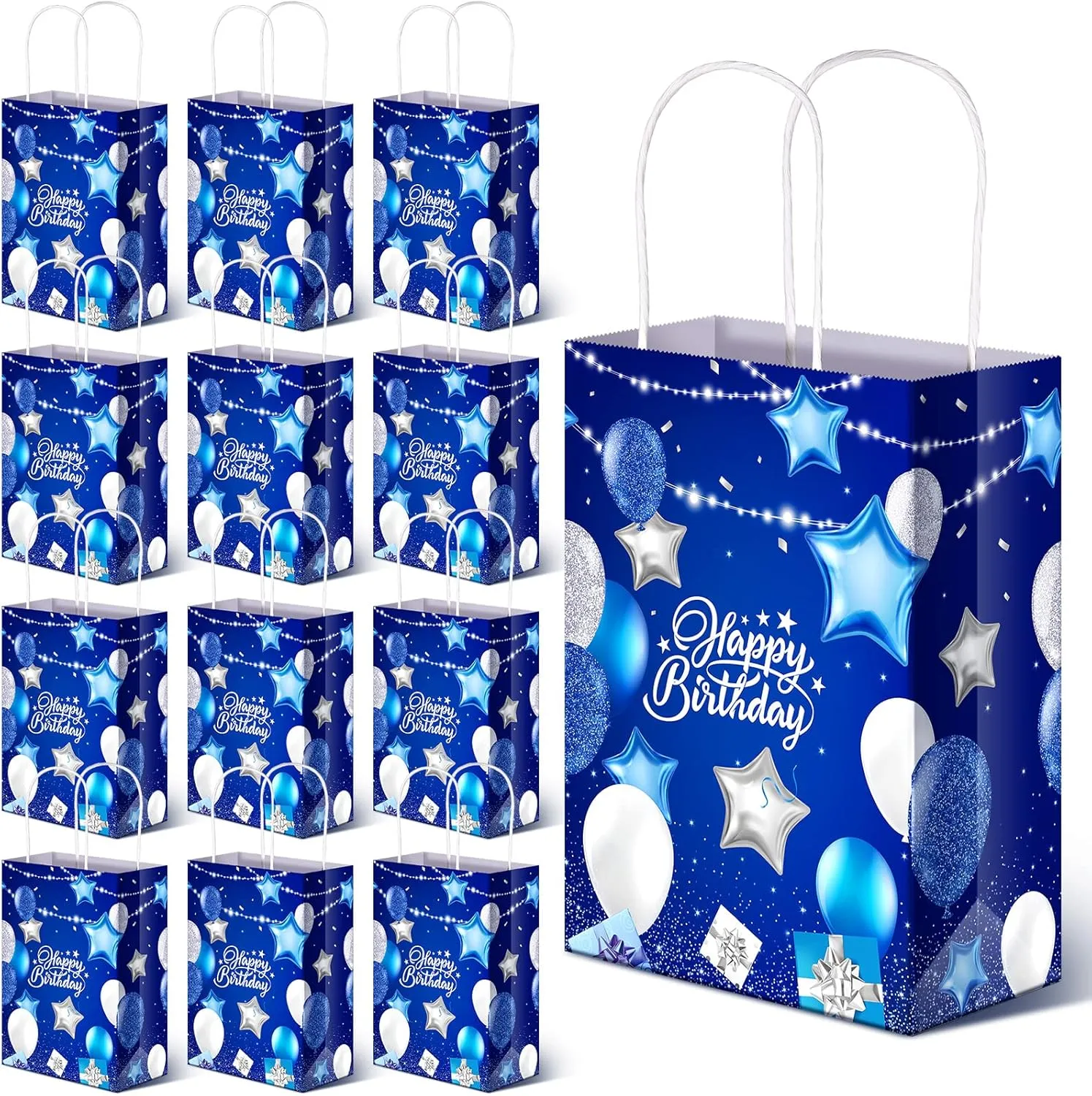 24 Pcs Birthday Gift Bags with Handles Navy Blue Silver Birthday Party Favors Goodie Paper Gift Wrapping Bags for Boy Girls Men Women Party Supplies, 5.9 x 3.2 x 8.3 Inches