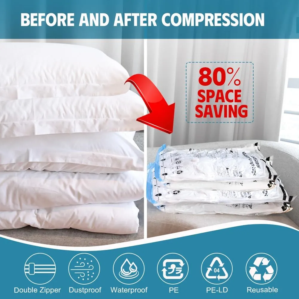 25 Pack Vacuum Storage Bags, Vacuum Seal Bags for Clothing, Comforters, Blankets, Space Saver Compression Bags with Hand Pump. (5×Jumbo, 5×Large, 5×Medium, 5×Small, 5×Roll)