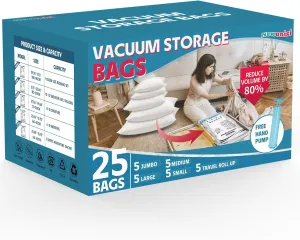 25 Pack Vacuum Storage Bags, Vacuum Seal Bags for Clothing, Comforters, Blankets, Space Saver Compression Bags with Hand Pump. (5×Jumbo, 5×Large, 5×Medium, 5×Small, 5×Roll)
