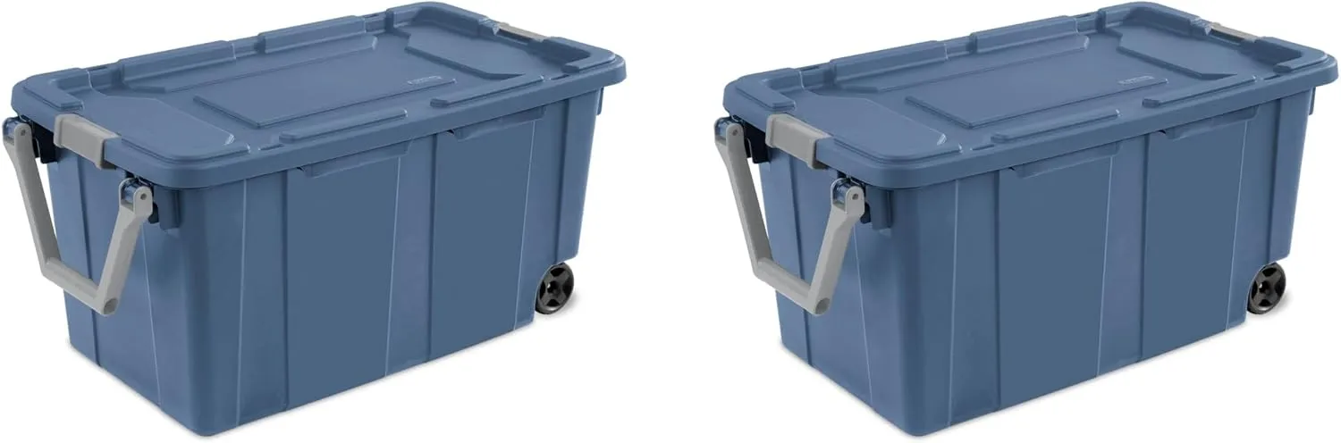 2PCS 40 Gallon Industrial Tote Plastic Storage Bins Wheeled Large Storage Box Set Green, Black, Blue, Grey (Blue)