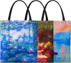 3 Pack Aesthetic Vintage Cute Tote Bag,Van Gogh Claude Monet Beach Alphonse Mucha Beach Travel Bags for Women