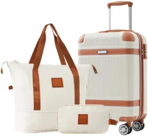 3-Piece Luggage Set, Hardshell Carry-On Suitcase with Wheels, Tote Bag and Toiletry Case, Cream and Brown