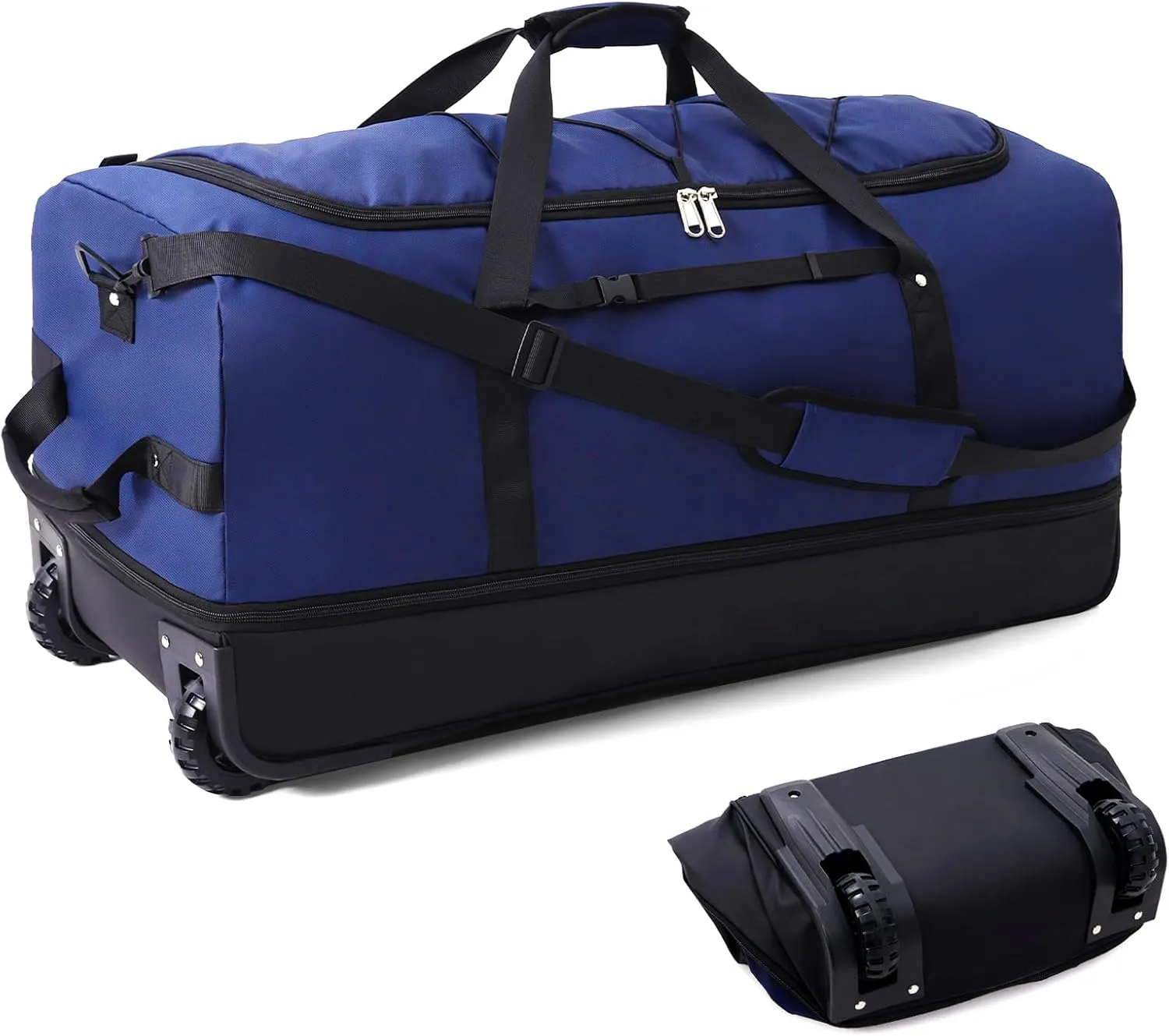 32” Foldable Duffel Bag with 2 Wheels,110L 140L Expandable Rolling Travel Bag with Multiple Compartments,Navy Blue