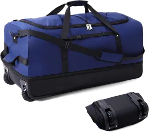 32” Foldable Duffel Bag with 2 Wheels,110L 140L Expandable Rolling Travel Bag with Multiple Compartments,Navy Blue