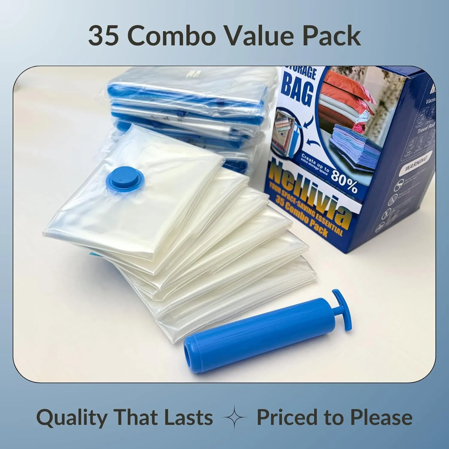 35 Pack Vacuum Storage Bags with Pump, Compression Space Saver for Comforters, Bedding, Blanket Storage, Vacuum Seal Bags for Clothing, Luggage and Closet Organizer, Safe Poly Material