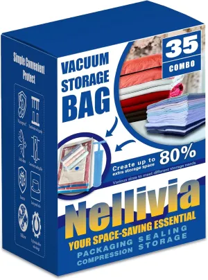 35 Pack Vacuum Storage Bags with Pump, Compression Space Saver for Comforters, Bedding, Blanket Storage, Vacuum Seal Bags for Clothing, Luggage and Closet Organizer, Safe Poly Material