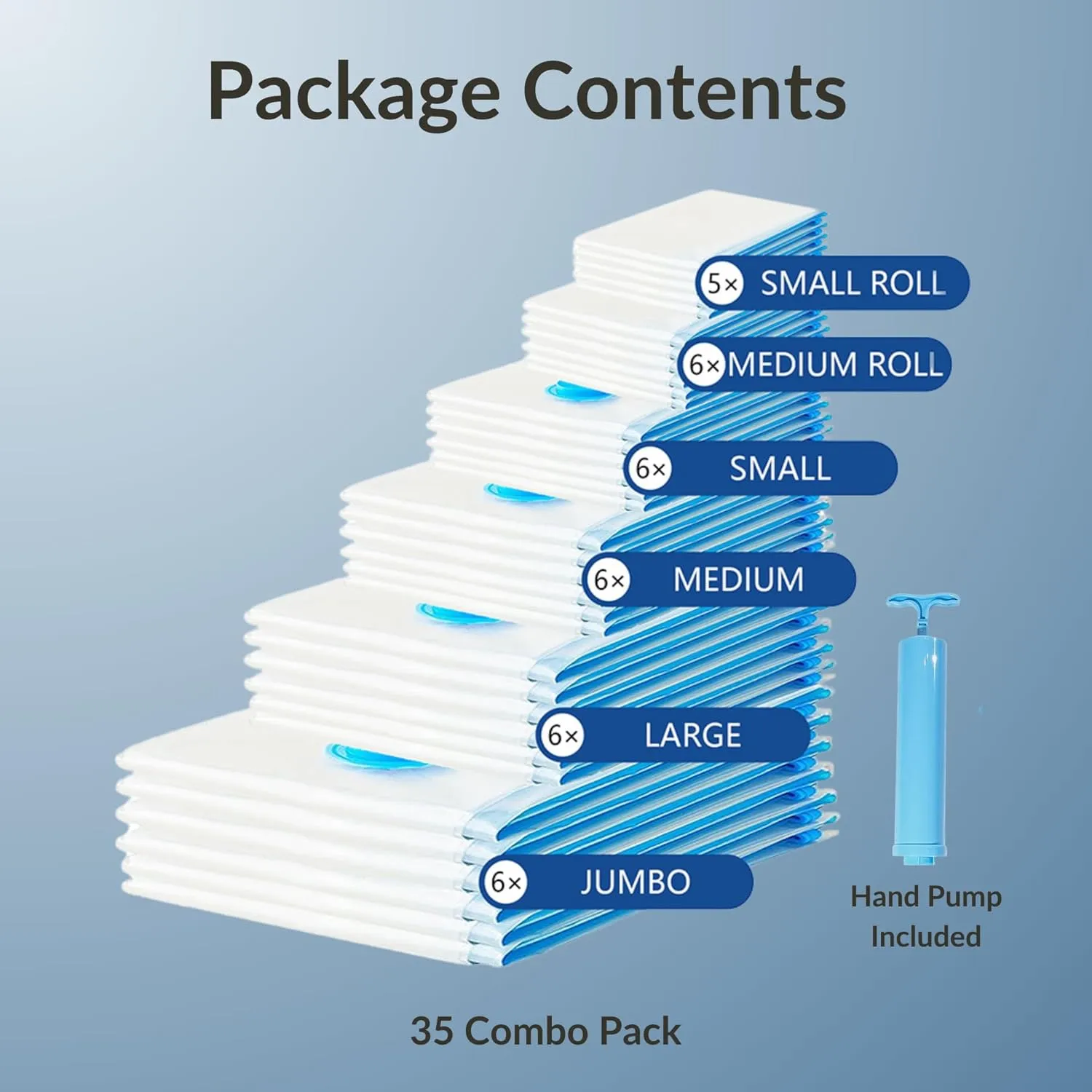 35 Pack Vacuum Storage Bags with Pump, Compression Space Saver for Comforters, Bedding, Blanket Storage, Vacuum Seal Bags for Clothing, Luggage and Closet Organizer, Safe Poly Material