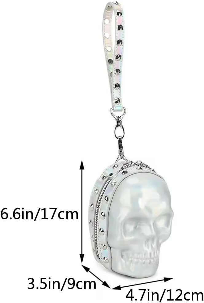 3D Skull Purse Wristlet Handbag Small Clutch Bag for Women PU Rivet Punk Gothic Wallet Waist Pack-Silvery 1