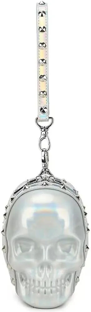 3D Skull Purse Wristlet Handbag Small Clutch Bag for Women PU Rivet Punk Gothic Wallet Waist Pack-Silvery 1
