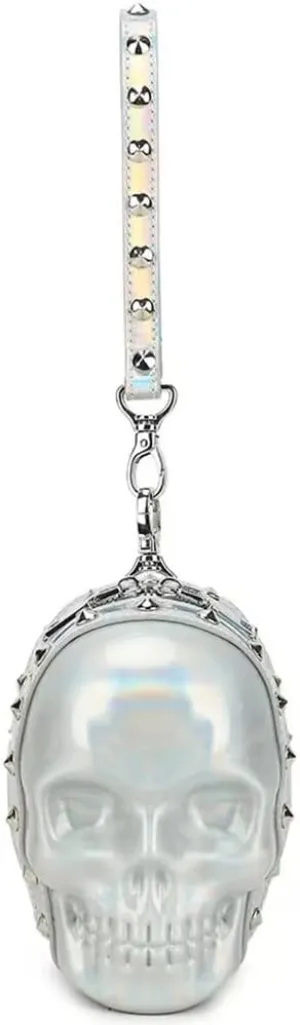 3D Skull Purse Wristlet Handbag Small Clutch Bag for Women PU Rivet Punk Gothic Wallet Waist Pack-Silvery 1