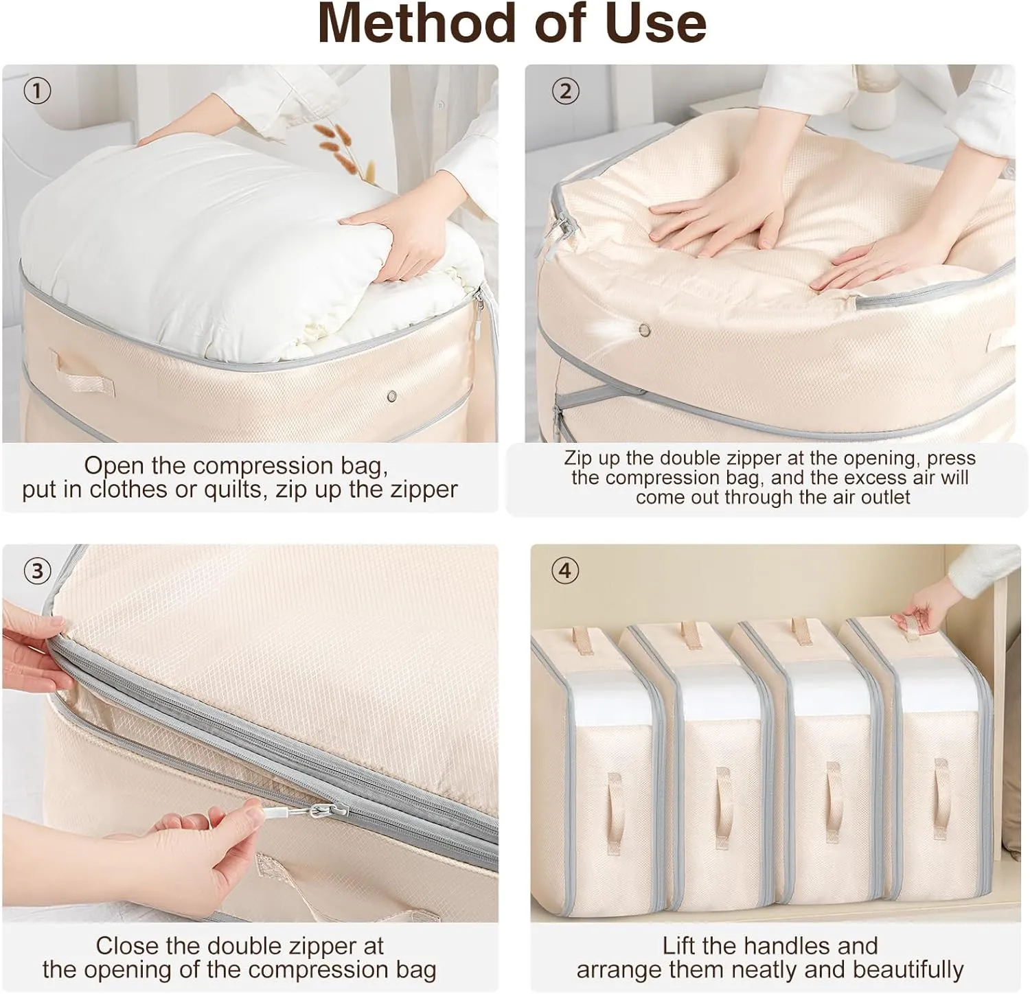 4 Pack Compression Storage Bags - 110L Large Capacity Comforter Storage Bag, 3-Layer Washable Ultra Space Saving Self Compression Organizer Space Bags for Blankets, Sweaters, Sheets, Beige