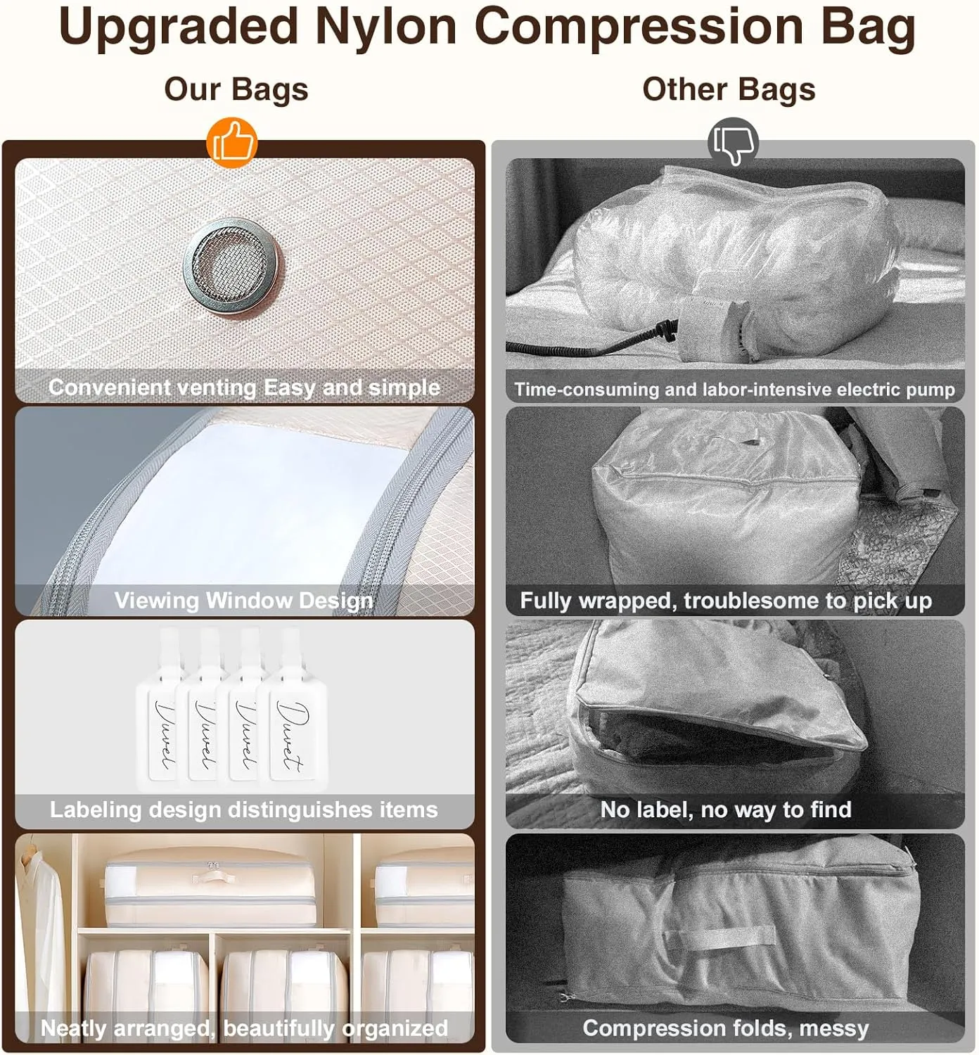4 Pack Compression Storage Bags - 110L Large Capacity Comforter Storage Bag, 3-Layer Washable Ultra Space Saving Self Compression Organizer Space Bags for Blankets, Sweaters, Sheets, Beige