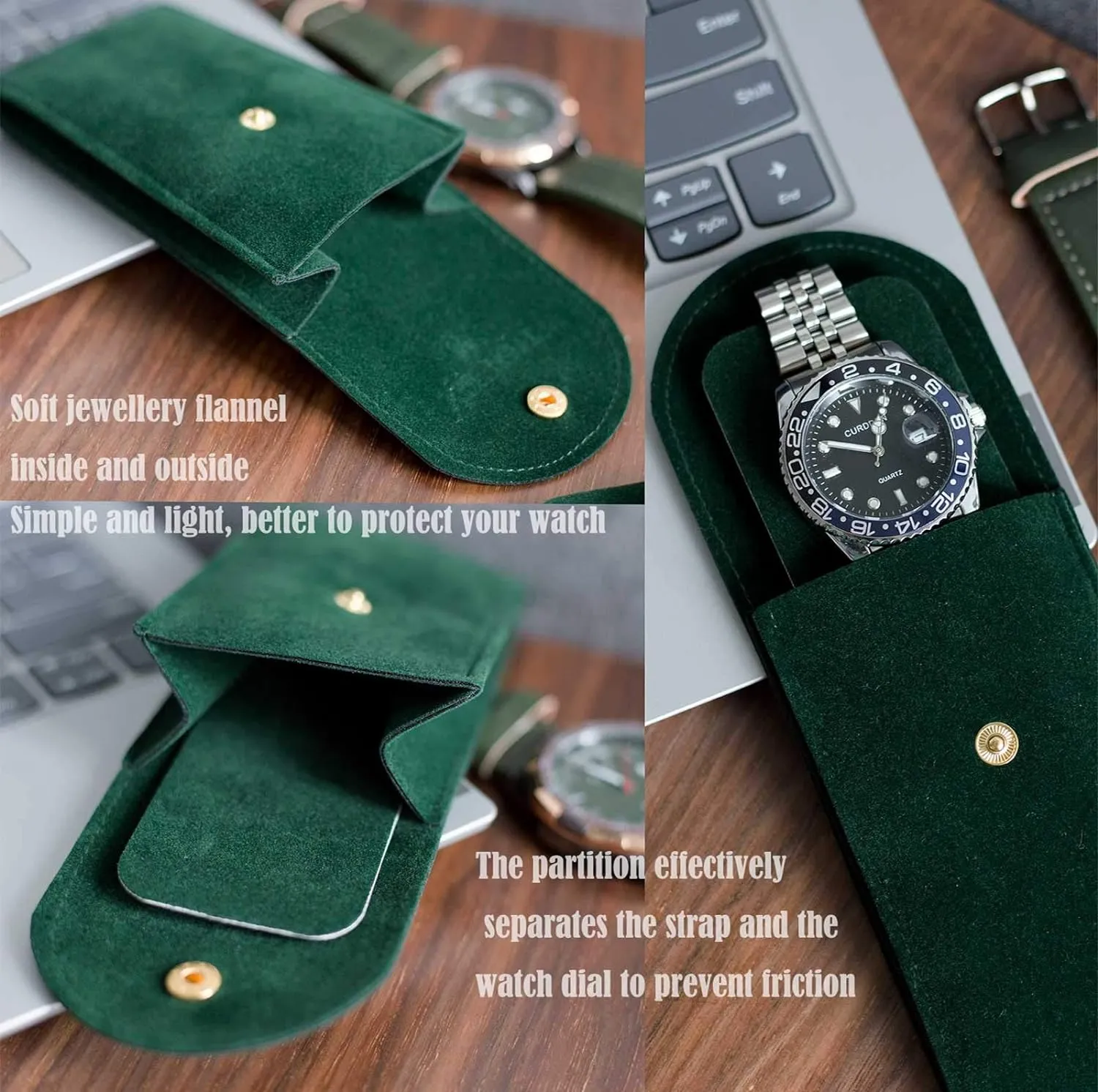 4 PCS Watch Travel Case for Men and Women Portable Velvet Watch Pouch Watch Storage Bag and Organizer (1BLACK 1GREEN 1BLUE 1GRAY)