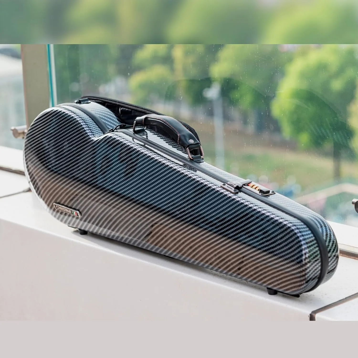 4/4 Full Size Violin Case - High-Strength Carbon Fiber Triangle Music Bag With Combination Lock and Extra Bag - Black Hard Case (VB-Trianglee-Black Stripe Spot)